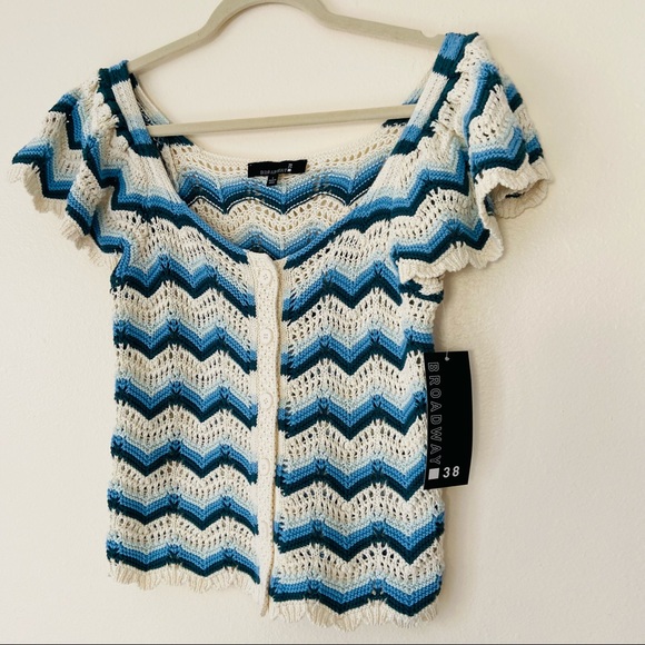 New Broadway 38 crochet knit striped boho button down sweater blouse zigzag top - Picture 8 of 8